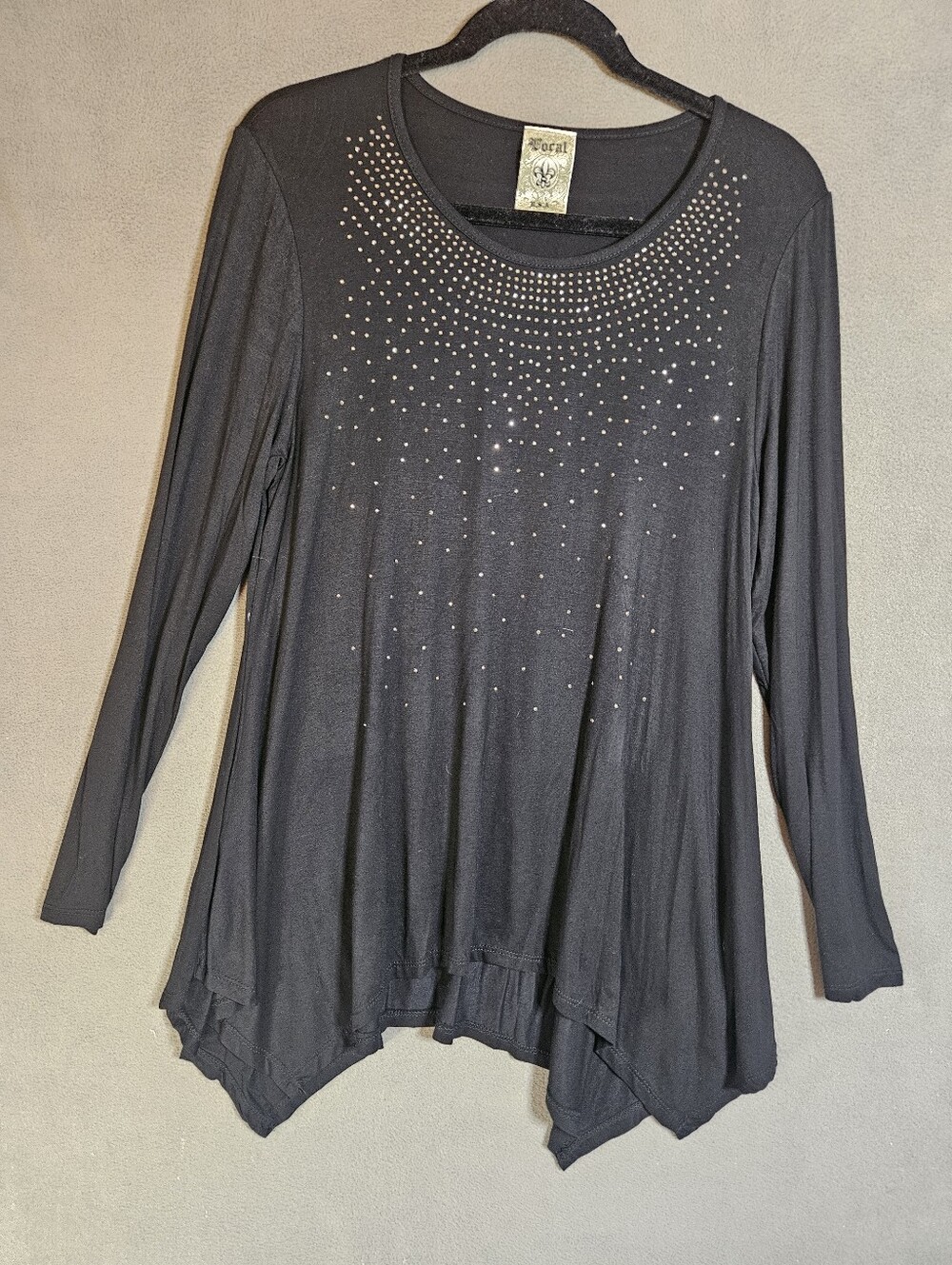 Vocal Womens Large Whimsy Goth Shirt Black Asymmetrical Rinestones Long Sleeve